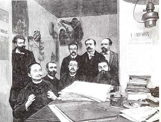 Dans la cave de la rue Bochart de Saron, salle de rédaction de L'Endehors. Debout, Debout : Zo d'Axa, Jean Grave, Octave Mirbeau, Bernard Lazare. Assis : Tabarant, A. Hamon, Charles Malato, un ouvrier. Dans la cave de la rue Bochart de Saron, salle de rédaction de L'Endehors. Debout, Debout : Zo d'Axa, Jean Grave, Octave Mirbeau, Bernard Lazare. Assis : Tabarant, A. Hamon, Charles Malato, un ouvrier.