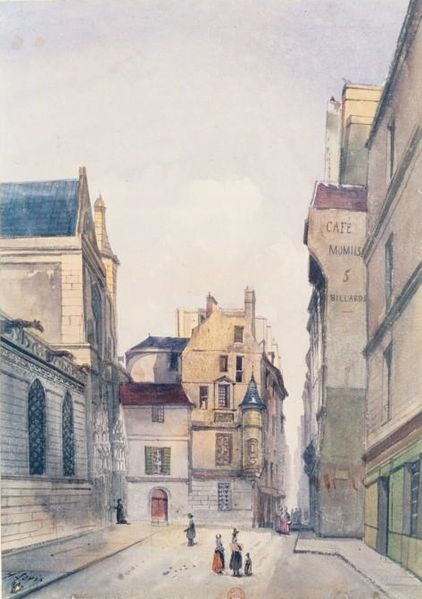 Rue des Prêtres-Saint-Germain-l'Auxerrois, en 1849. A gauche le presbytère de l'église Saint-Germain-l'Auxerrois. A droite le café Momus. Aquarelle sur traits à la mine de plomb par Henri Lévis (Bibliothèque nationale de France - source : Wikipedia) Rue des Prêtres-Saint-Germain-l'Auxerrois, en 1849. A gauche le presbytère de l'église Saint-Germain-l'Auxerrois. A droite le café Momus. Aquarelle sur traits à la mine de plomb par Henri Lévis (Bibliothèque nationale de France - source : Wikipedia)