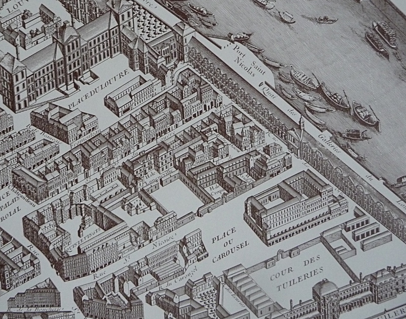 Le quartier du Louvre et des Tuileries sur le plan de Turgot (1737). On distingue au-dessus de la place du Carrousel l'hôtel de Créquy-Cambacérès, dont il est question dans <em>La Cousine Bette</em>.